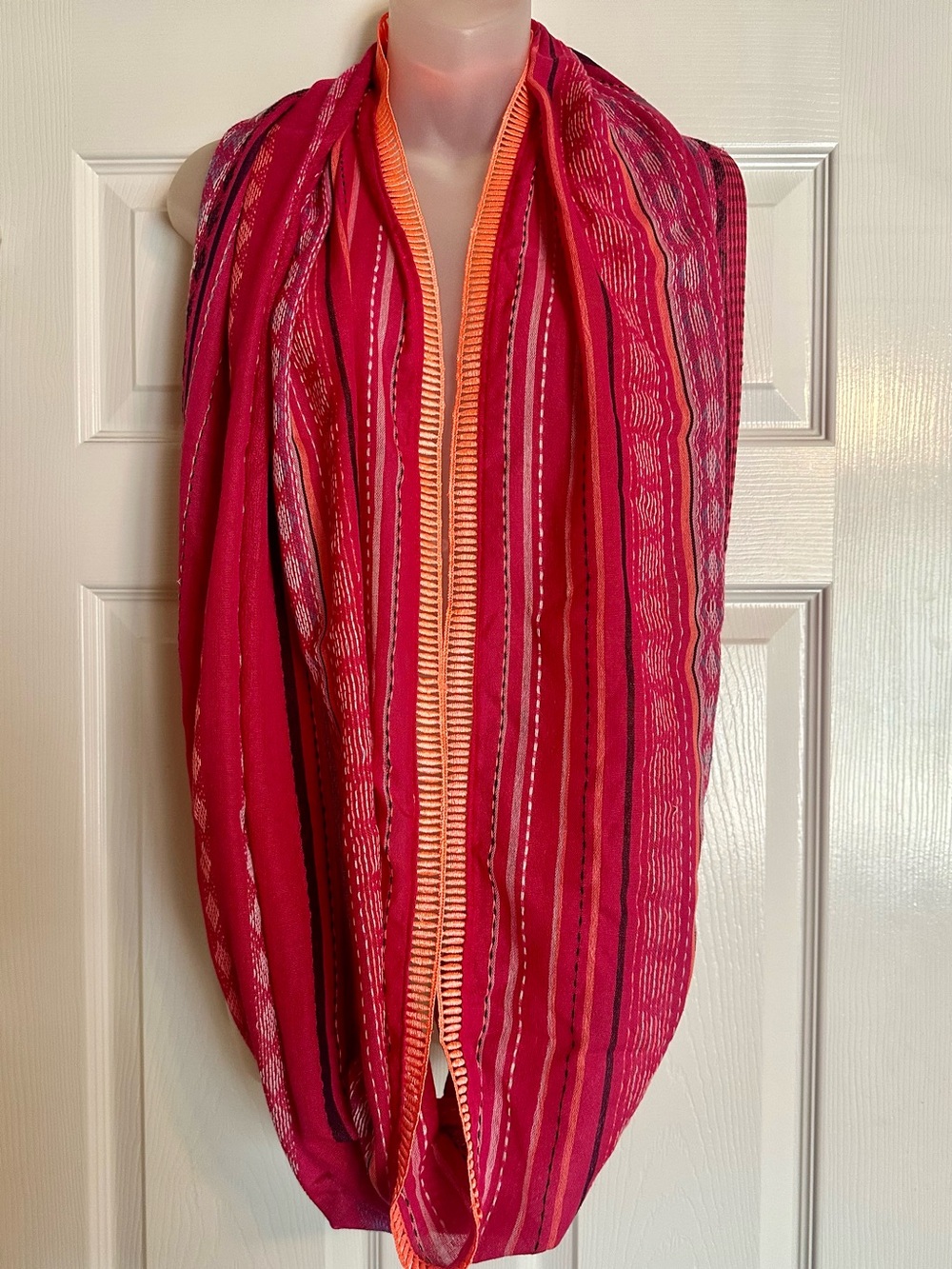 Vibrant Pink & Neon Orange Striped Embroidered Infinity Scarf